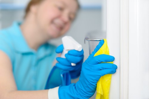 Cleaner following safe work practices with hazard awareness