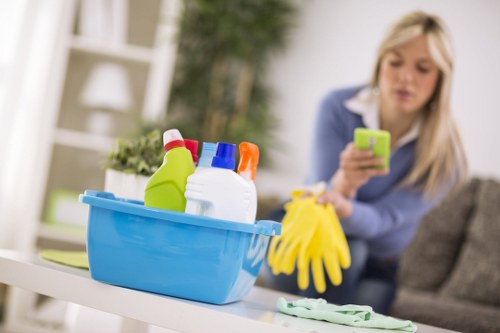 Professional cleaners maintaining a Canary Wharf office reception area